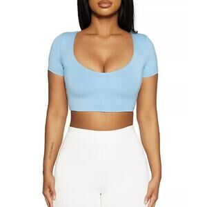 NWT Naked Wardrobe Women's Blue The Scoop Neck Short Sleeve Crop Top Large